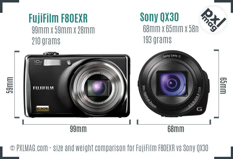 FujiFilm F80EXR vs Sony QX30 size comparison