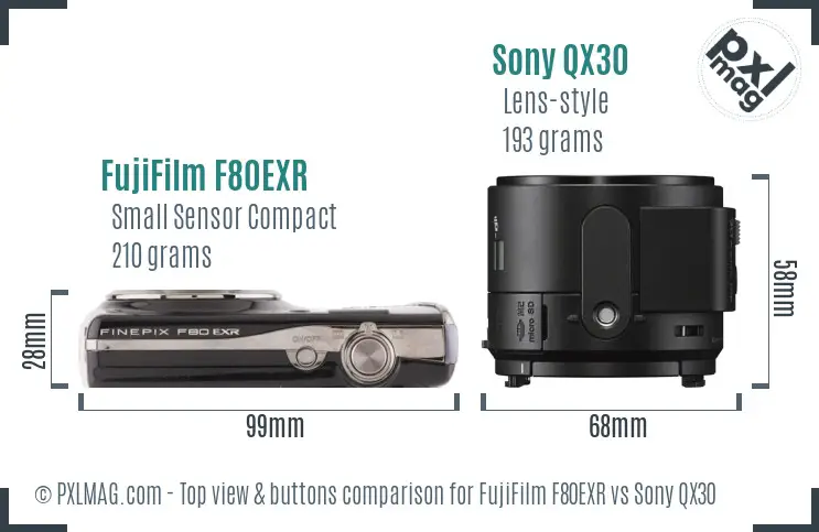 FujiFilm F80EXR vs Sony QX30 top view buttons comparison