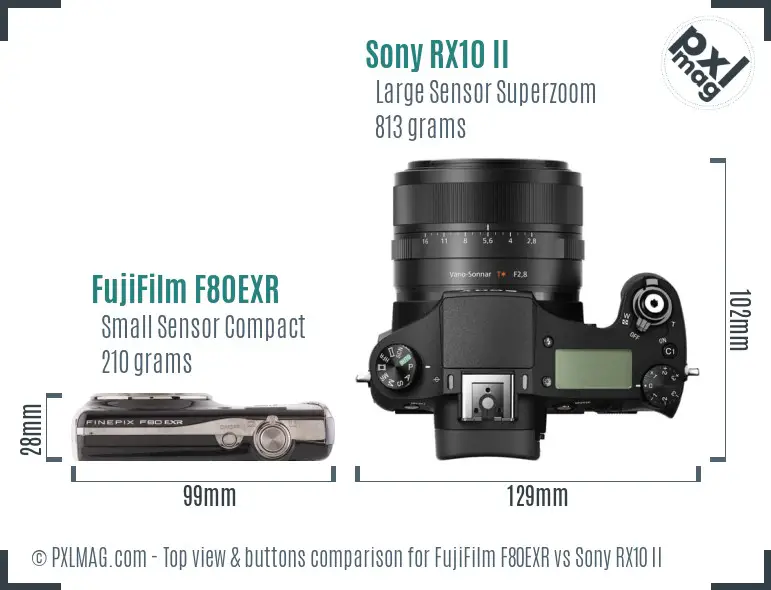 FujiFilm F80EXR vs Sony RX10 II top view buttons comparison