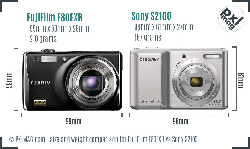 FujiFilm F80EXR vs Sony S2100 size comparison