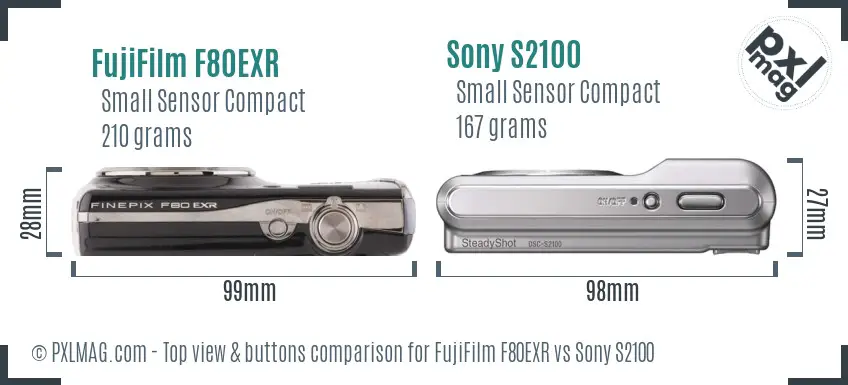 FujiFilm F80EXR vs Sony S2100 top view buttons comparison
