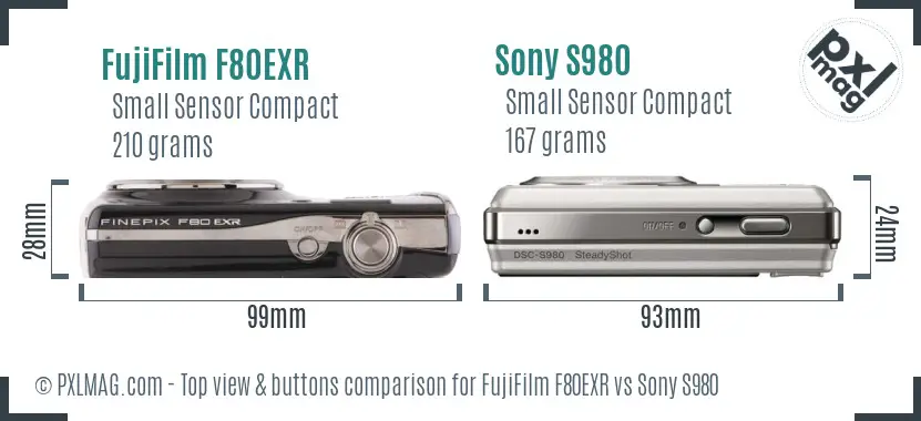FujiFilm F80EXR vs Sony S980 top view buttons comparison