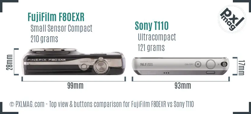 FujiFilm F80EXR vs Sony T110 top view buttons comparison