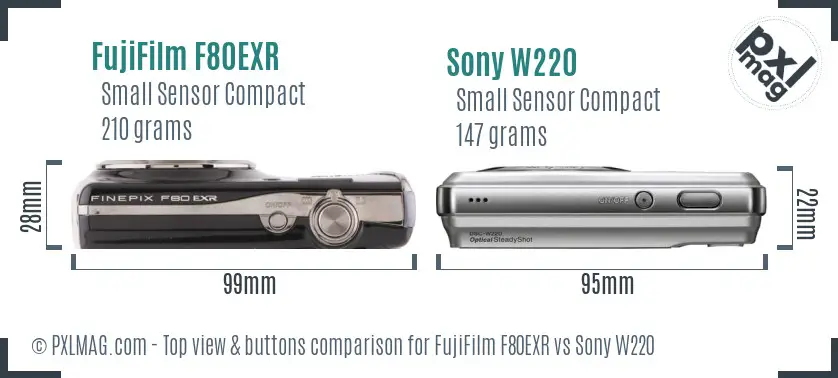 FujiFilm F80EXR vs Sony W220 top view buttons comparison