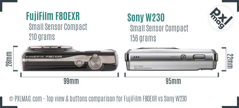 FujiFilm F80EXR vs Sony W230 top view buttons comparison FujiFilm F80EXR vs Sony W230 top view buttons comparison