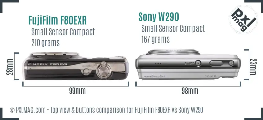 FujiFilm F80EXR vs Sony W290 top view buttons comparison