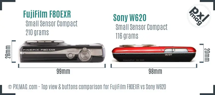 FujiFilm F80EXR vs Sony W620 top view buttons comparison
