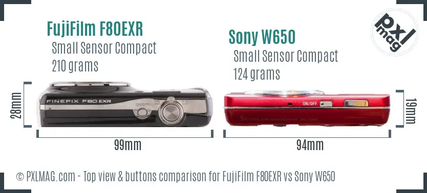 FujiFilm F80EXR vs Sony W650 top view buttons comparison