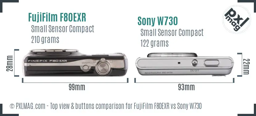 FujiFilm F80EXR vs Sony W730 top view buttons comparison