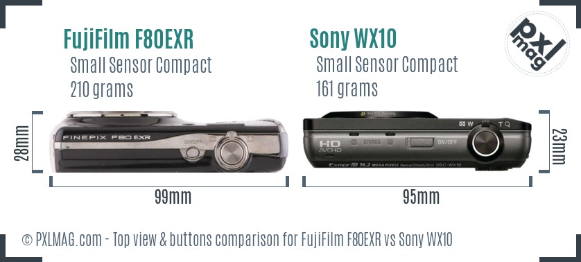 FujiFilm F80EXR vs Sony WX10 top view buttons comparison