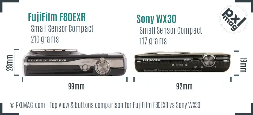 FujiFilm F80EXR vs Sony WX30 top view buttons comparison