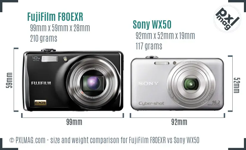 FujiFilm F80EXR vs Sony WX50 size comparison