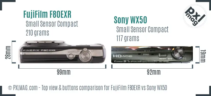 FujiFilm F80EXR vs Sony WX50 top view buttons comparison