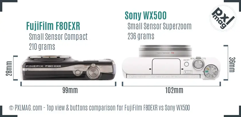 FujiFilm F80EXR vs Sony WX500 top view buttons comparison