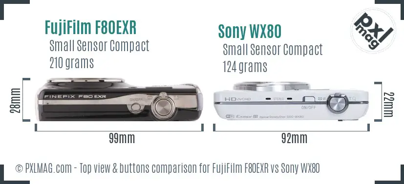FujiFilm F80EXR vs Sony WX80 top view buttons comparison FujiFilm F80EXR vs Sony WX80 top view buttons comparison