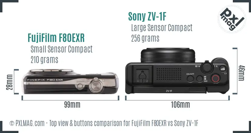 FujiFilm F80EXR vs Sony ZV-1F top view buttons comparison FujiFilm F80EXR vs Sony ZV-1F top view buttons comparison