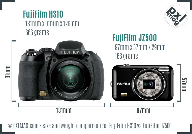 FujiFilm HS10 vs FujiFilm JZ500 size comparison FujiFilm HS10 vs FujiFilm JZ500 size comparison