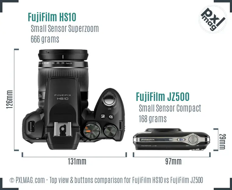 FujiFilm HS10 vs FujiFilm JZ500 top view buttons comparison FujiFilm HS10 vs FujiFilm JZ500 top view buttons comparison