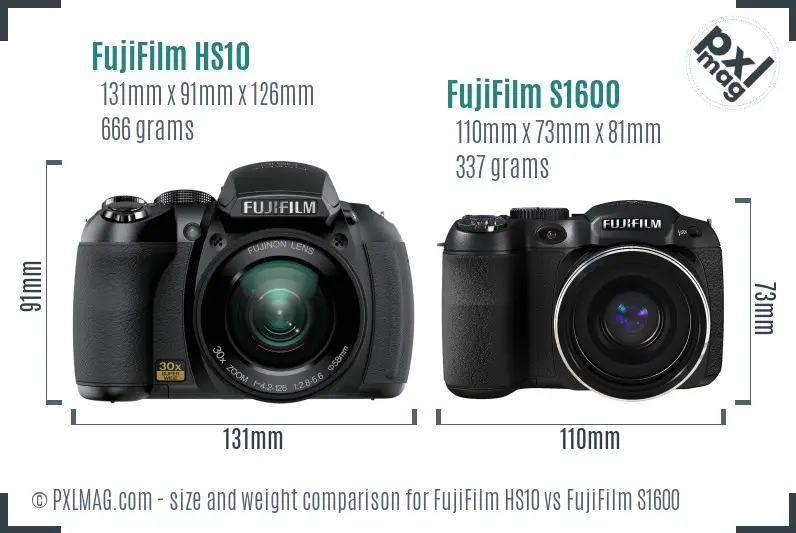 FujiFilm HS10 vs FujiFilm S1600 size comparison