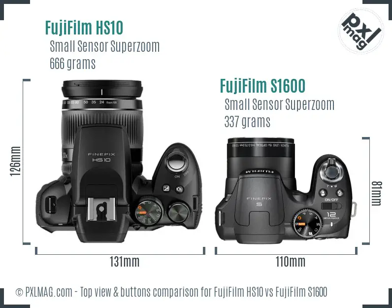 FujiFilm HS10 vs FujiFilm S1600 top view buttons comparison