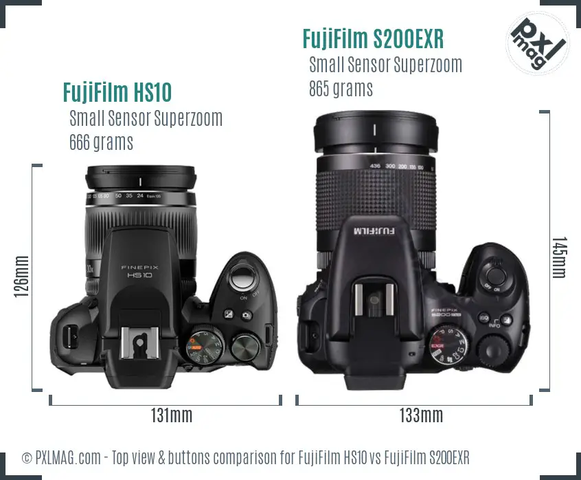 FujiFilm HS10 vs FujiFilm S200EXR top view buttons comparison