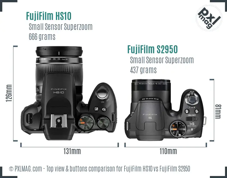 FujiFilm HS10 vs FujiFilm S2950 top view buttons comparison FujiFilm HS10 vs FujiFilm S2950 top view buttons comparison