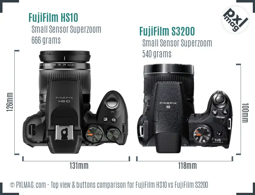 FujiFilm HS10 vs FujiFilm S3200 top view buttons comparison