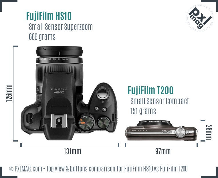 FujiFilm HS10 vs FujiFilm T200 top view buttons comparison