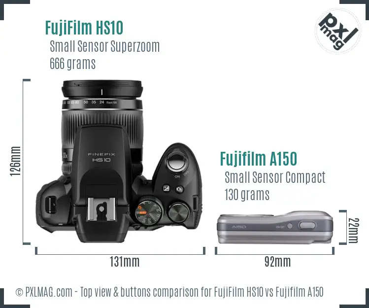 FujiFilm HS10 vs Fujifilm A150 top view buttons comparison FujiFilm HS10 vs Fujifilm A150 top view buttons comparison