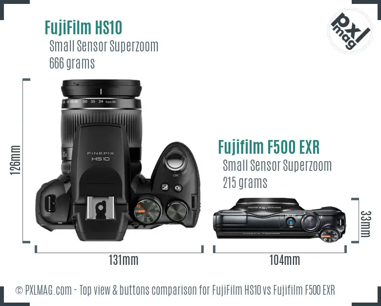 FujiFilm HS10 vs Fujifilm F500 EXR top view buttons comparison