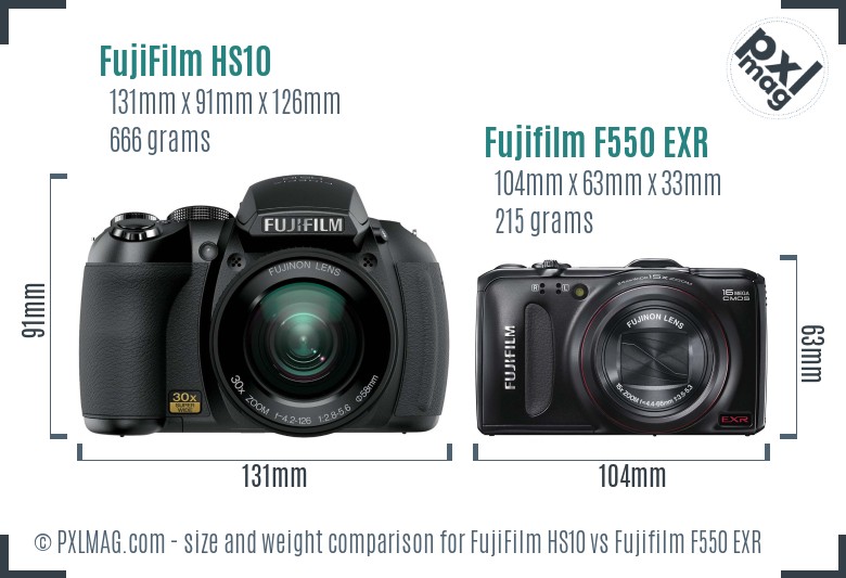 FujiFilm HS10 vs Fujifilm F550 EXR size comparison