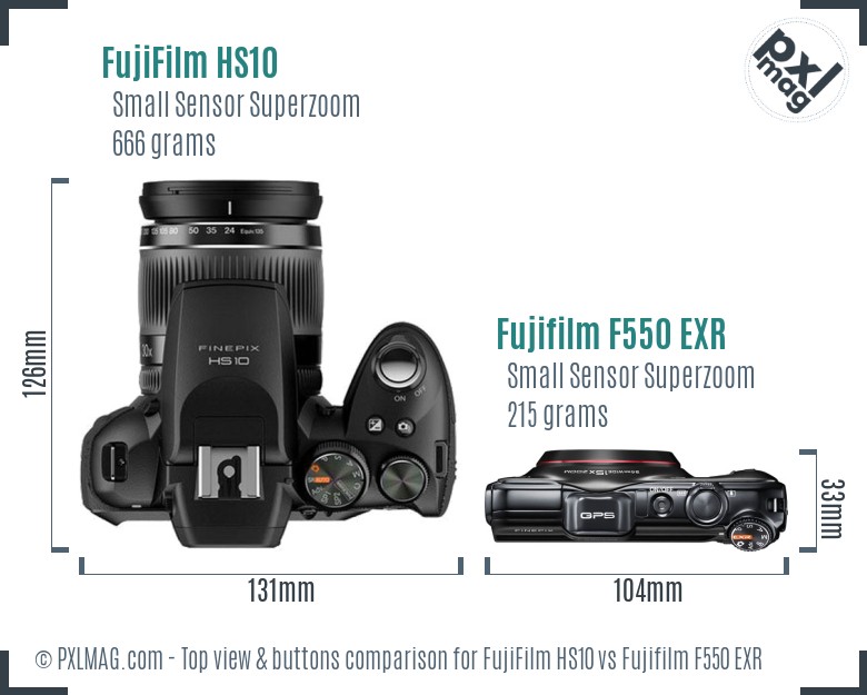 FujiFilm HS10 vs Fujifilm F550 EXR top view buttons comparison