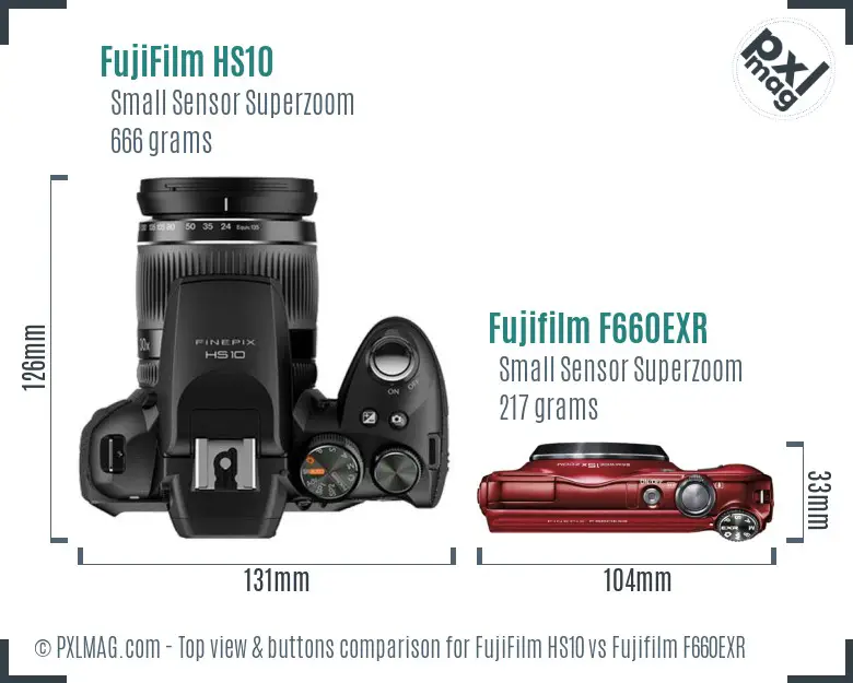 FujiFilm HS10 vs Fujifilm F660EXR top view buttons comparison
