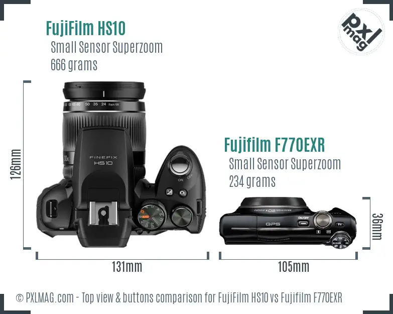 FujiFilm HS10 vs Fujifilm F770EXR top view buttons comparison FujiFilm HS10 vs Fujifilm F770EXR top view buttons comparison