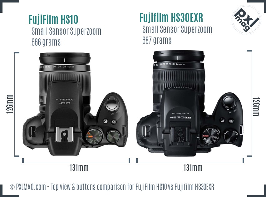 FujiFilm HS10 vs Fujifilm HS30EXR top view buttons comparison