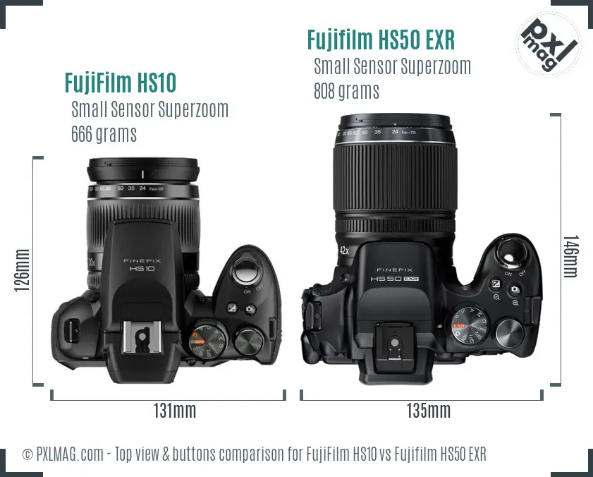 FujiFilm HS10 vs Fujifilm HS50 EXR top view buttons comparison