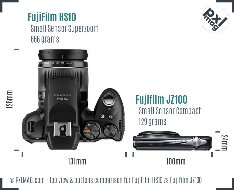 FujiFilm HS10 vs Fujifilm JZ100 top view buttons comparison