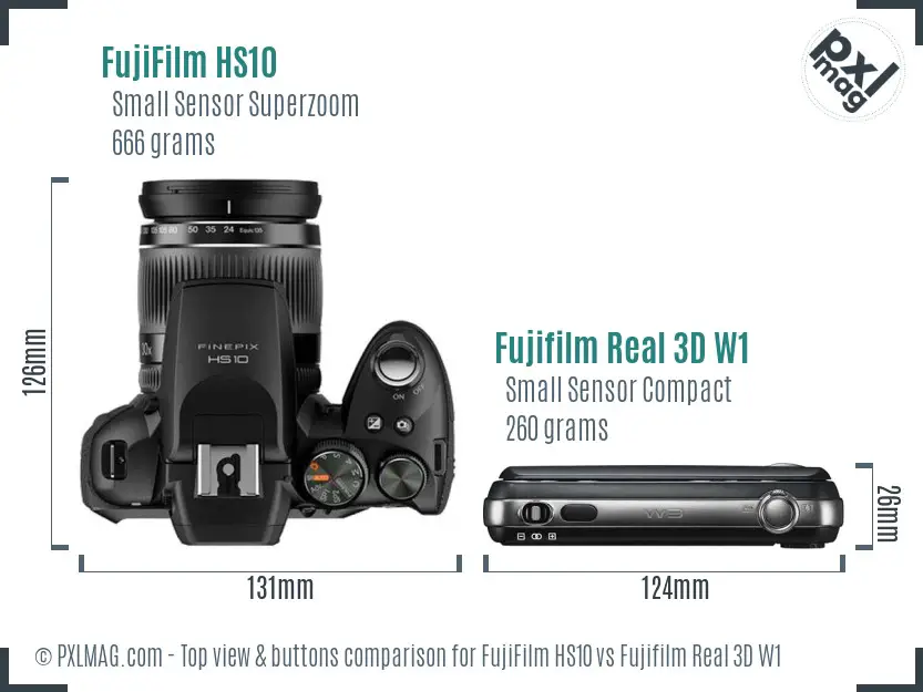 FujiFilm HS10 vs Fujifilm Real 3D W1 top view buttons comparison