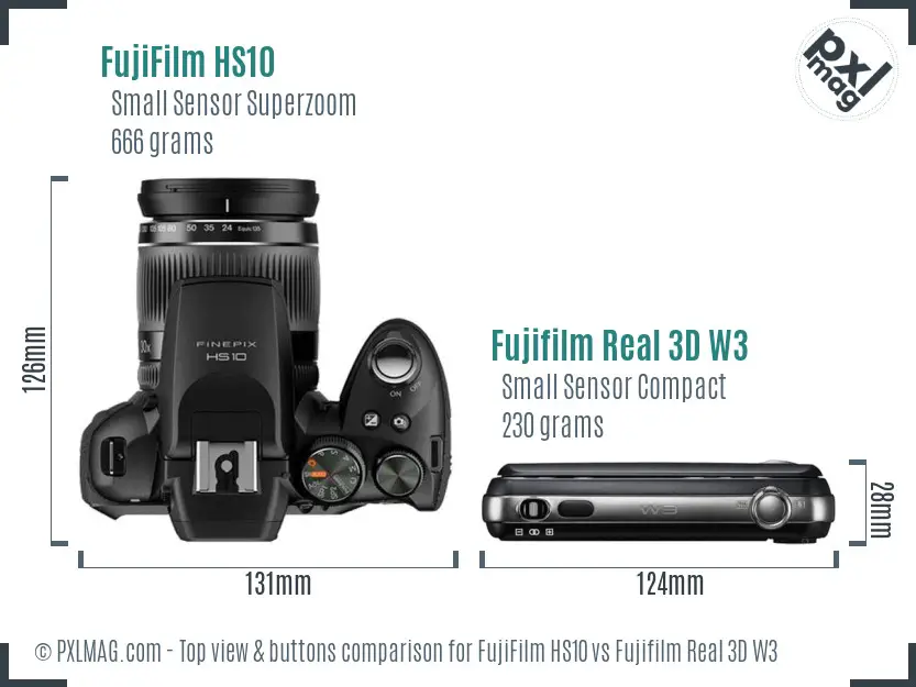FujiFilm HS10 vs Fujifilm Real 3D W3 top view buttons comparison FujiFilm HS10 vs Fujifilm Real 3D W3 top view buttons comparison