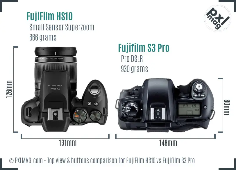 FujiFilm HS10 vs Fujifilm S3 Pro top view buttons comparison