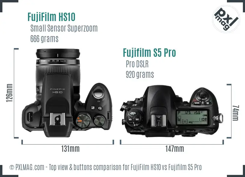FujiFilm HS10 vs Fujifilm S5 Pro top view buttons comparison FujiFilm HS10 vs Fujifilm S5 Pro top view buttons comparison
