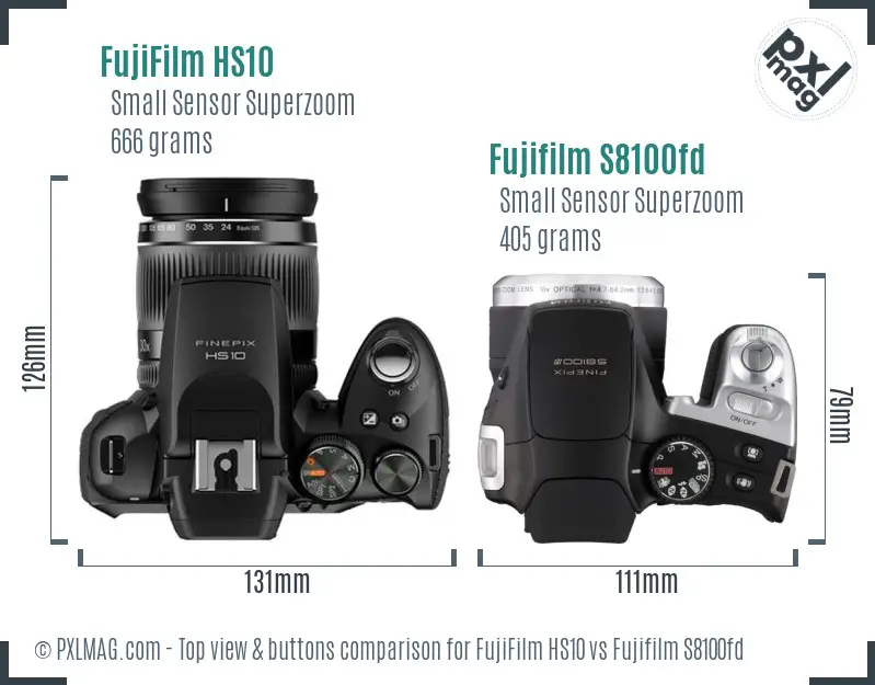 FujiFilm HS10 vs Fujifilm S8100fd top view buttons comparison