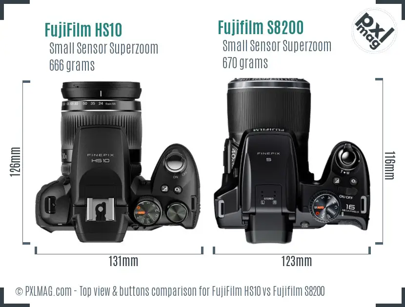 FujiFilm HS10 vs Fujifilm S8200 top view buttons comparison