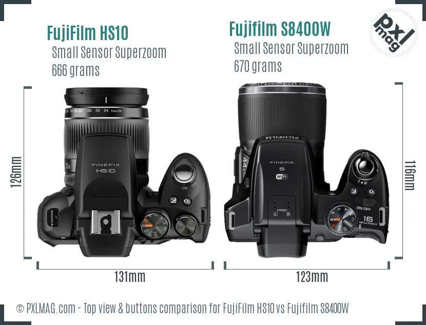 FujiFilm HS10 vs Fujifilm S8400W top view buttons comparison FujiFilm HS10 vs Fujifilm S8400W top view buttons comparison