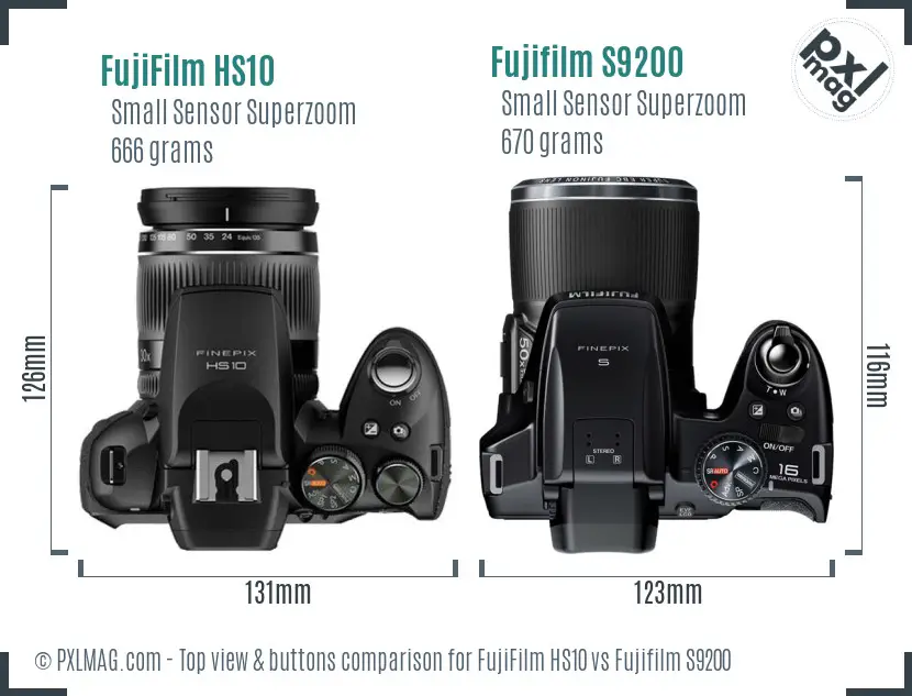 FujiFilm HS10 vs Fujifilm S9200 top view buttons comparison