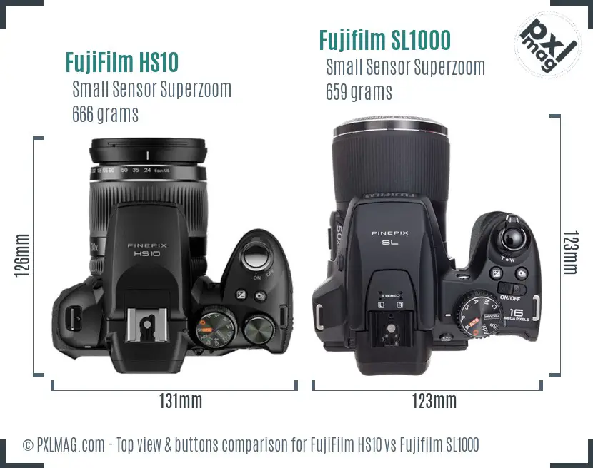 FujiFilm HS10 vs Fujifilm SL1000 top view buttons comparison