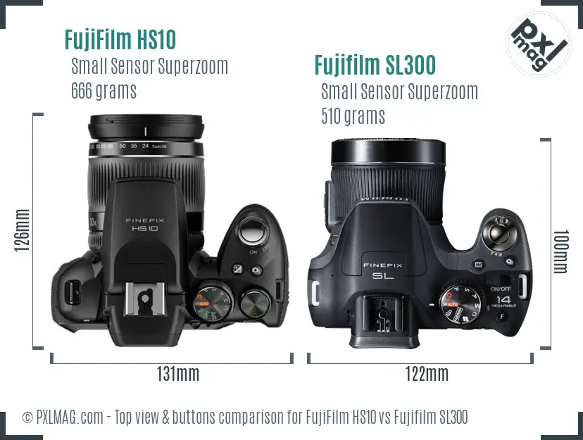 FujiFilm HS10 vs Fujifilm SL300 top view buttons comparison FujiFilm HS10 vs Fujifilm SL300 top view buttons comparison