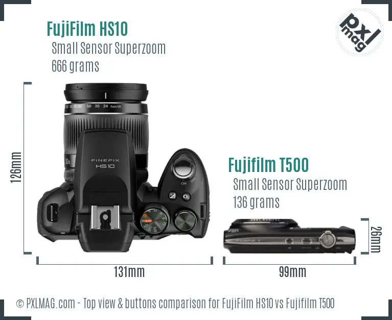 FujiFilm HS10 vs Fujifilm T500 top view buttons comparison