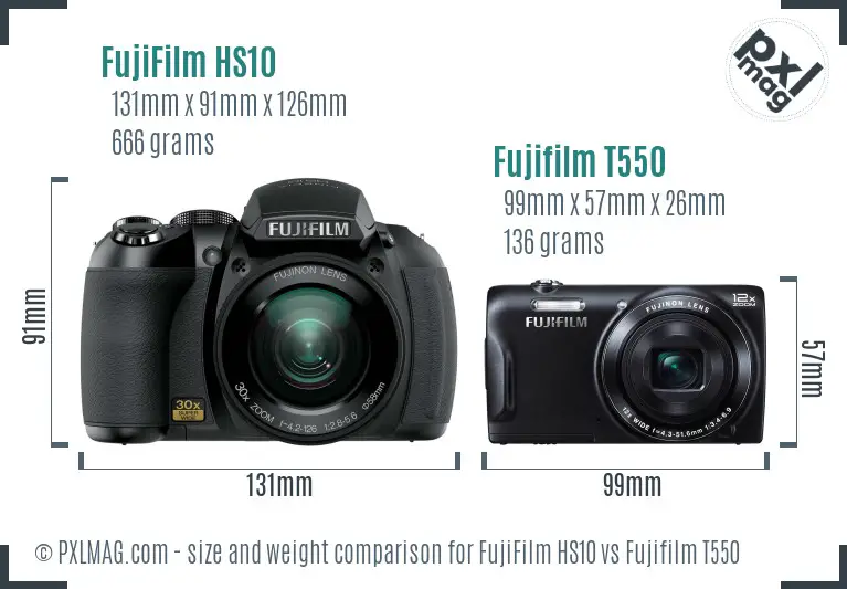 FujiFilm HS10 vs Fujifilm T550 size comparison