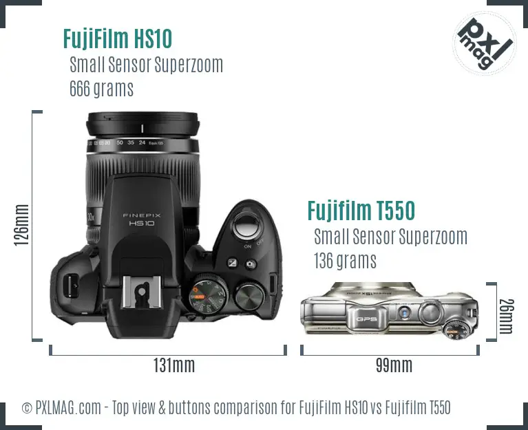 FujiFilm HS10 vs Fujifilm T550 top view buttons comparison
